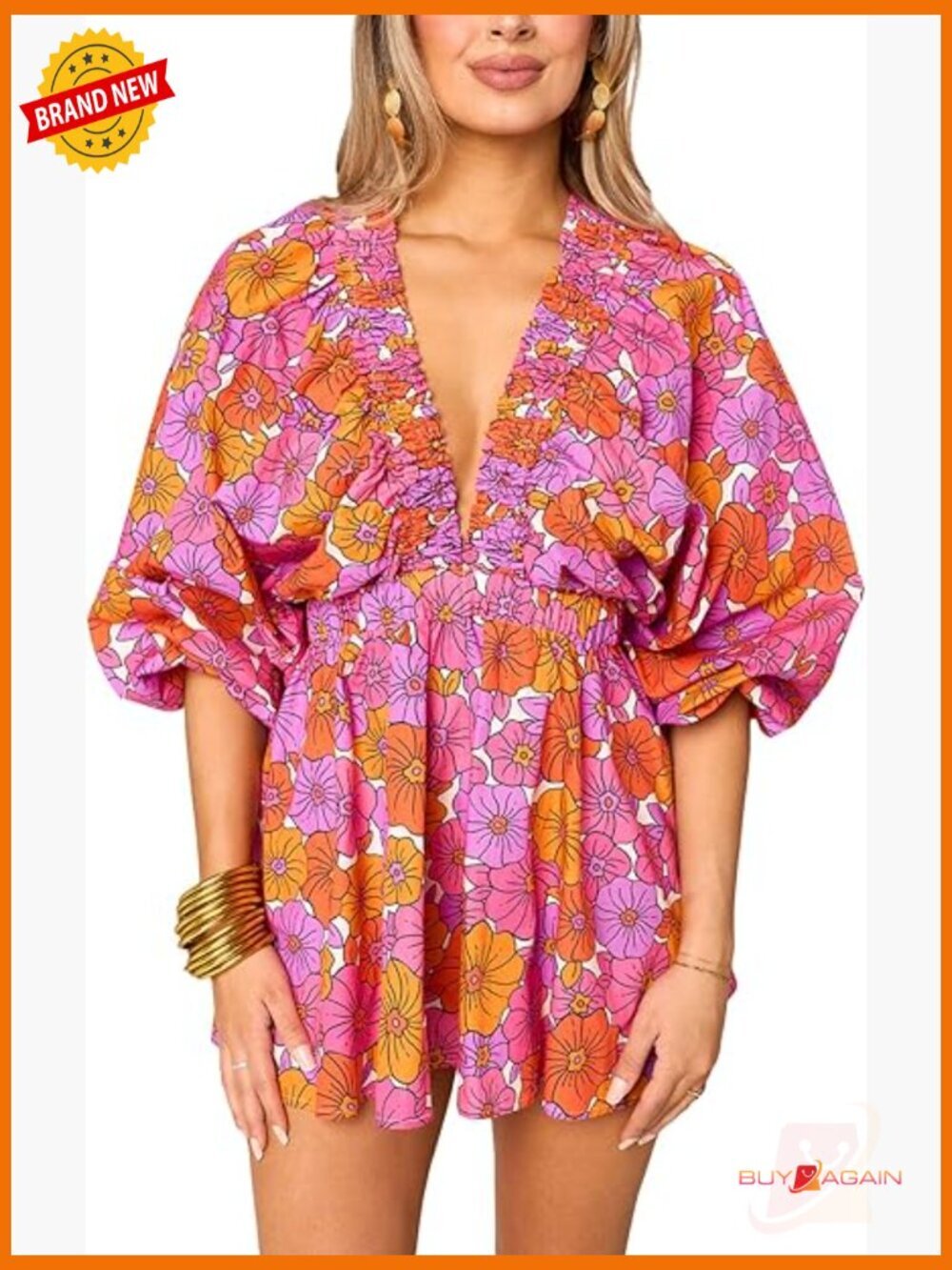 Long Puff Sleeve Short Romper Deep V Neck Flowy Tropical Beach Vacation
